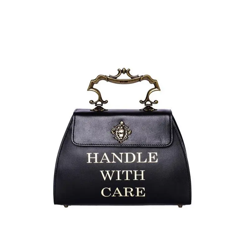 AW22 Moschino Couture Jeremy Scott Black Trapezoid Leather Handle with Care Bag
