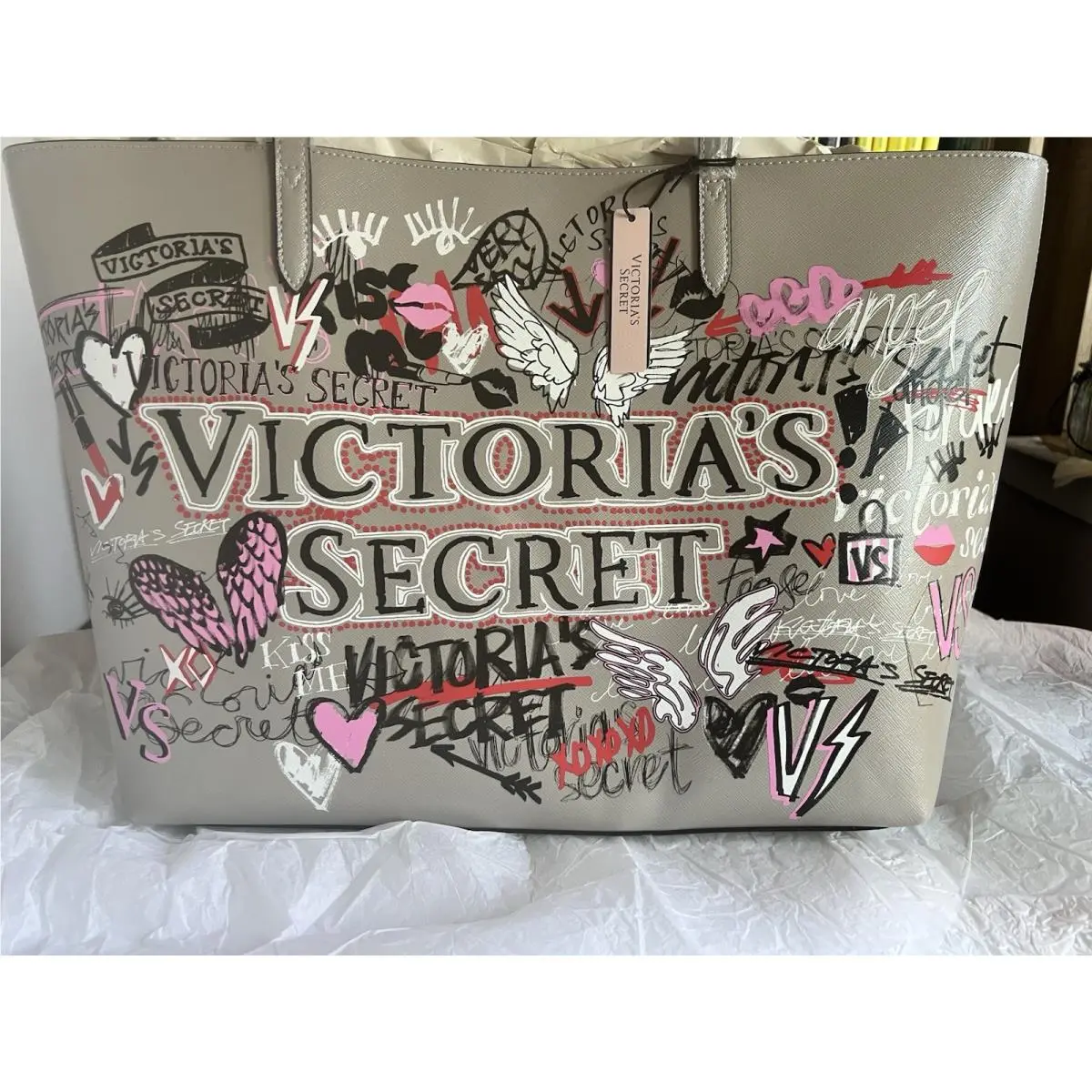 Victoria`s Secret Limited Edition Graffiti Print Tote Bag Gray Purse and Pouch by Victoria's Secret