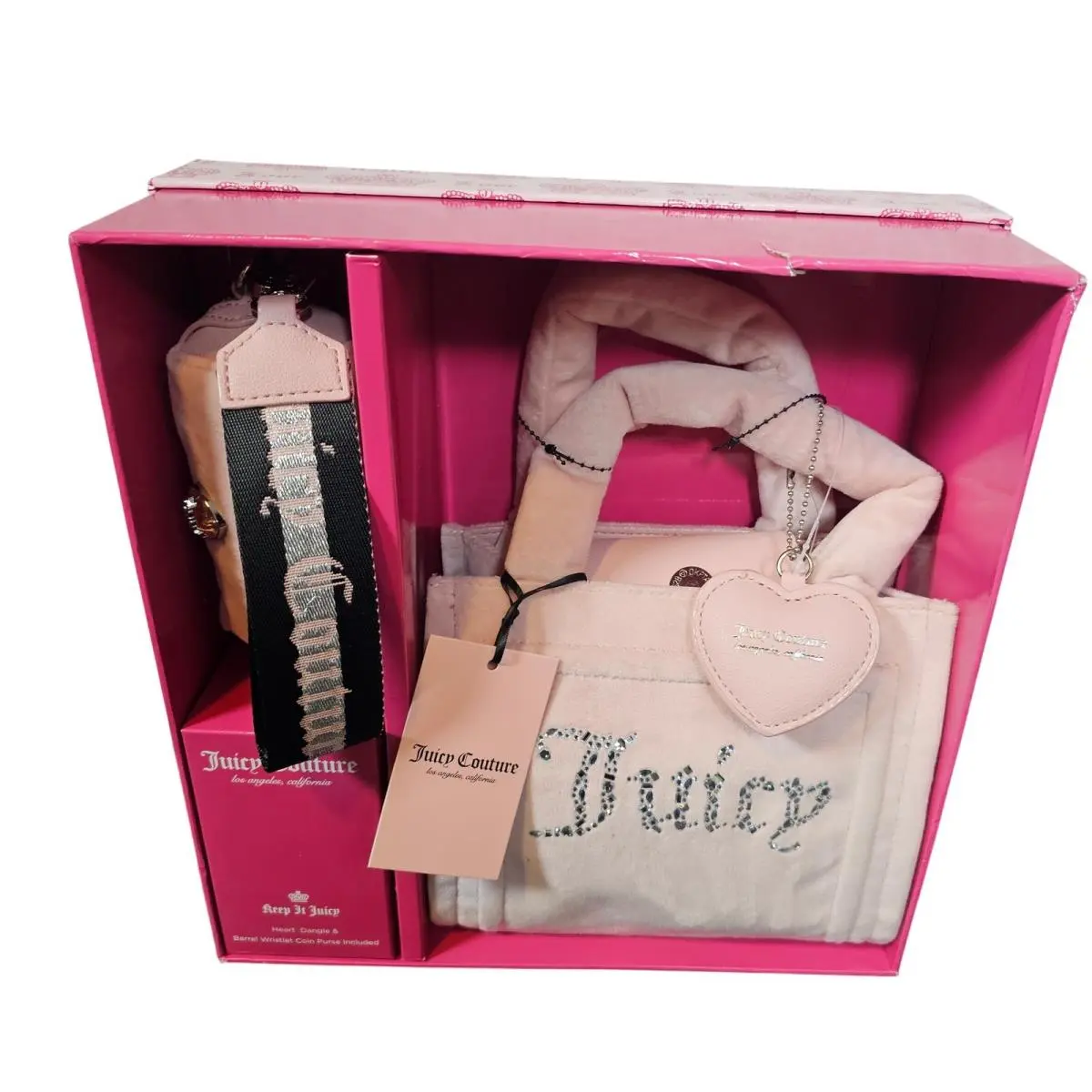 Juicy Couture Pink Velour Tote Bag Coin Purse Set Heart Charm Rhinestone Logo