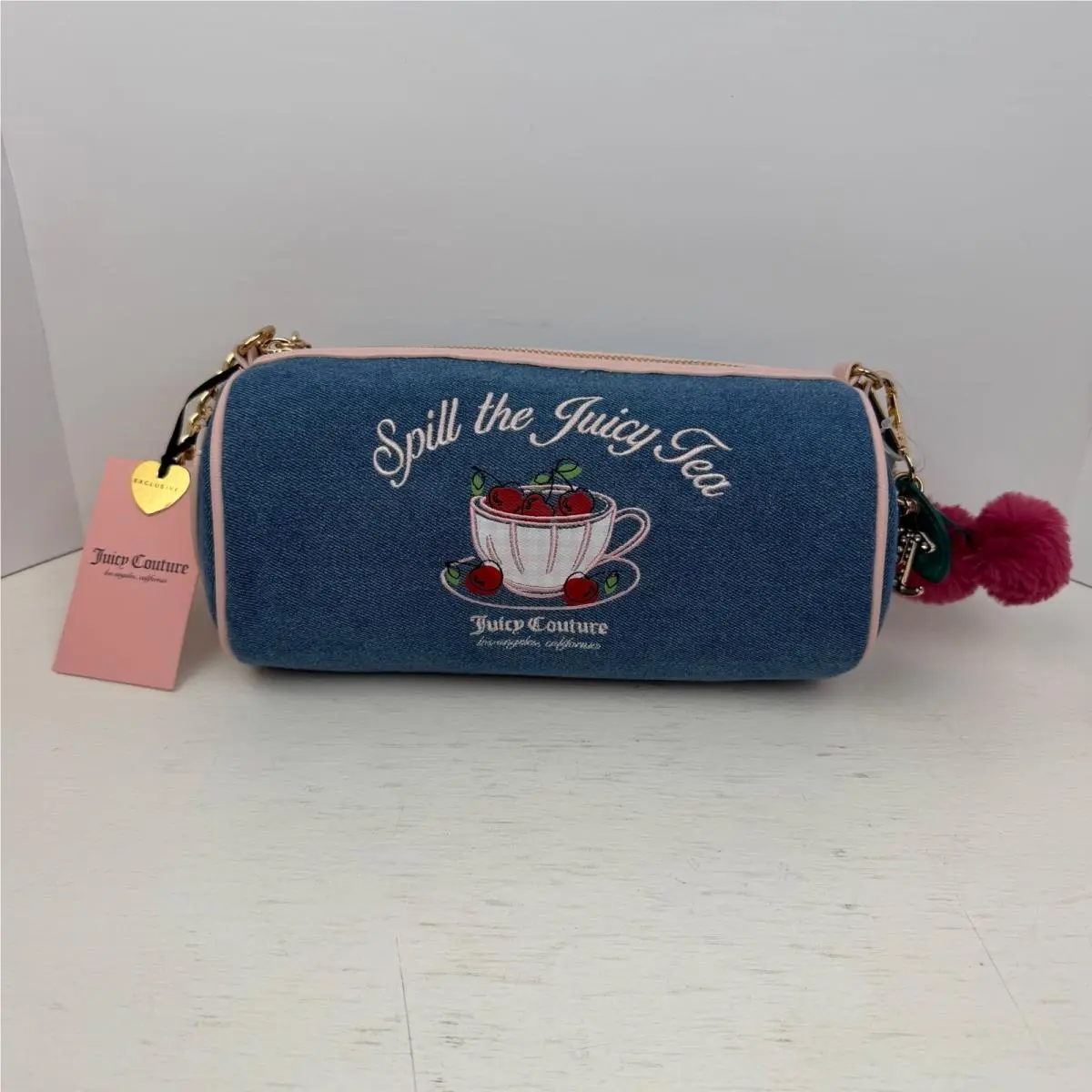 Juicy Couture Spill The Juicy Tea Denim Barrel Bag Blue Pink Cherry Embroidery