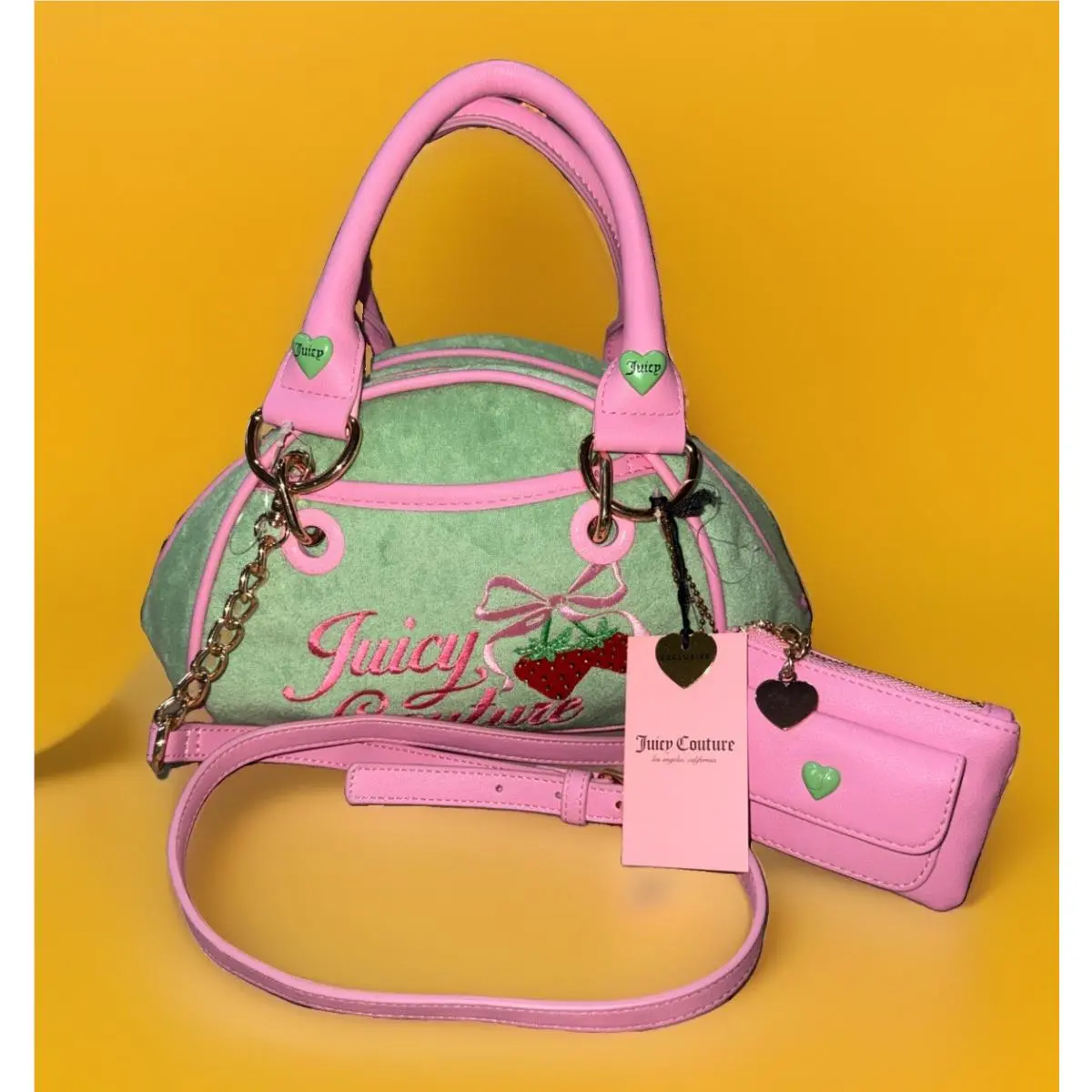 Juicy Couture Exclusive Retro Strawberry Satchel Green Pink Crossbody Bag