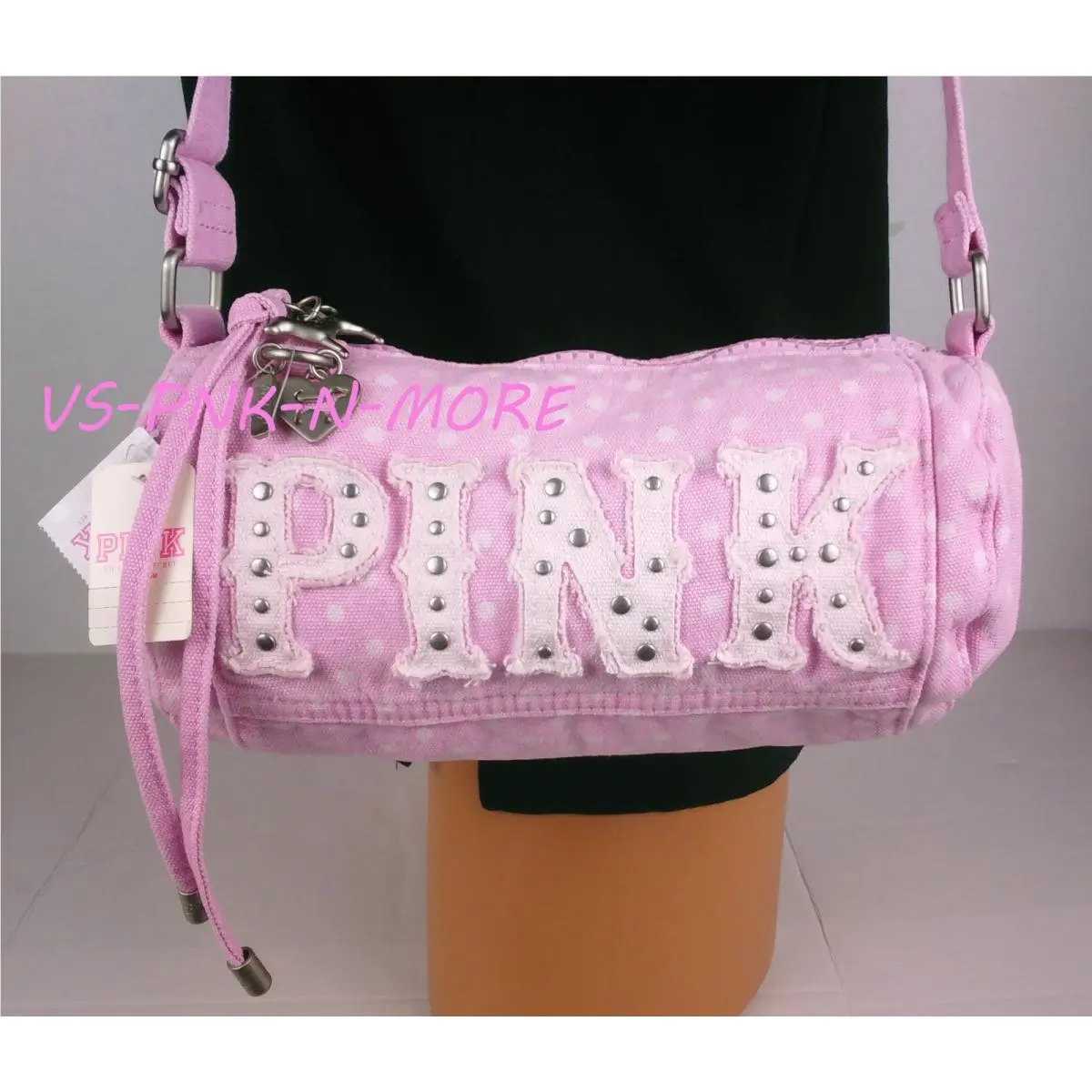 Victoria`s Secret VS Pink Canvas Rolled Duffle Shoulder Mini Bag Purse Polka Dot
