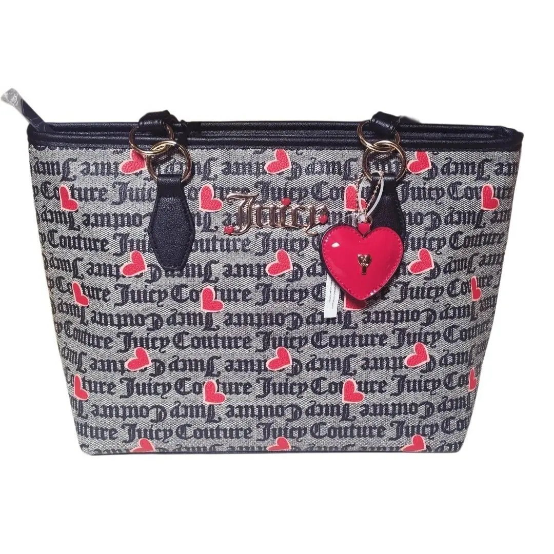 Juicy Couture I Heart Juicy Black Red Hearts Tote Bag with Heart Charm - Handle/Strap: Black, Hardware: Gold, Exterior: Black