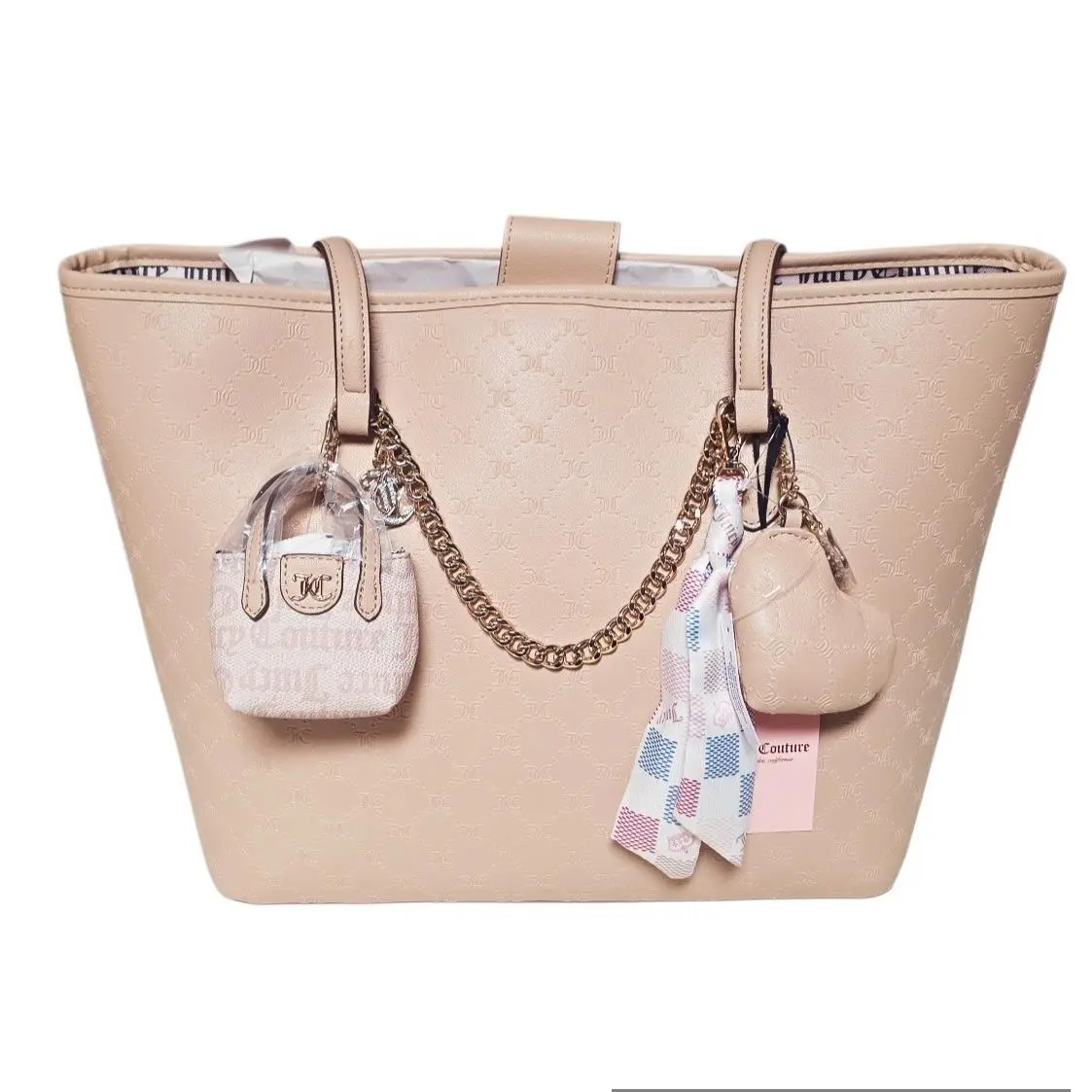 Juicy Couture Monogram Tote Bag Beige Leather Scarf Heart Charm L Handbag - Handle/Strap: Beige, Hardware: Gold, Exterior: Beige