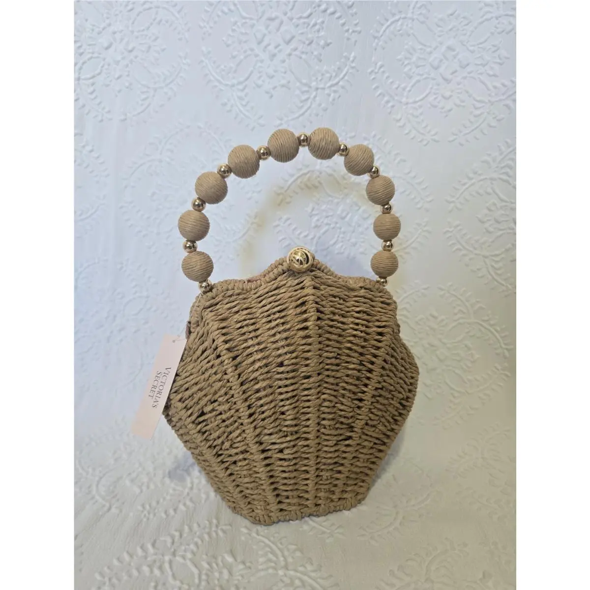 Victoria’s Secret Shell Straw Crossbody Bag Beaded Handle Beach Purse