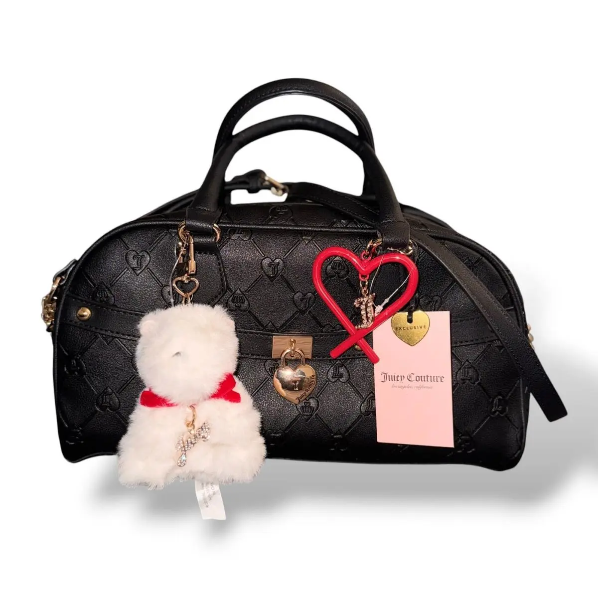 Juicy Couture Dome Satchel Women Medium Liquorice Black Embossed Heart Charms