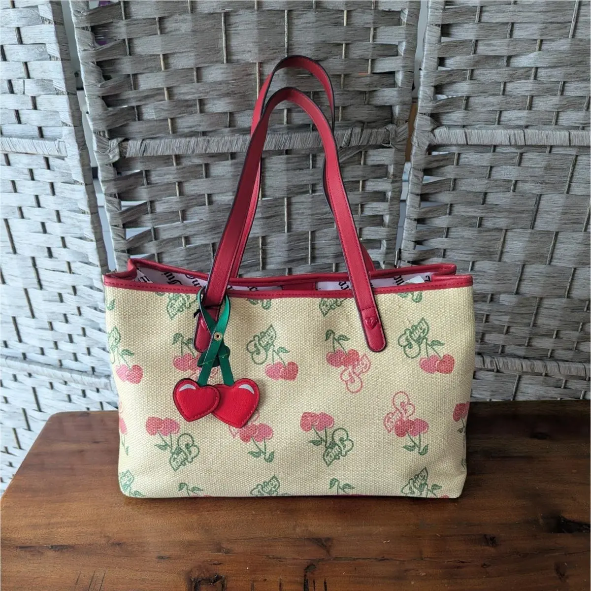 Paradise Tote Red Cherry Fruit Print Woven Straw Shoulder Bag by Juicy Couture