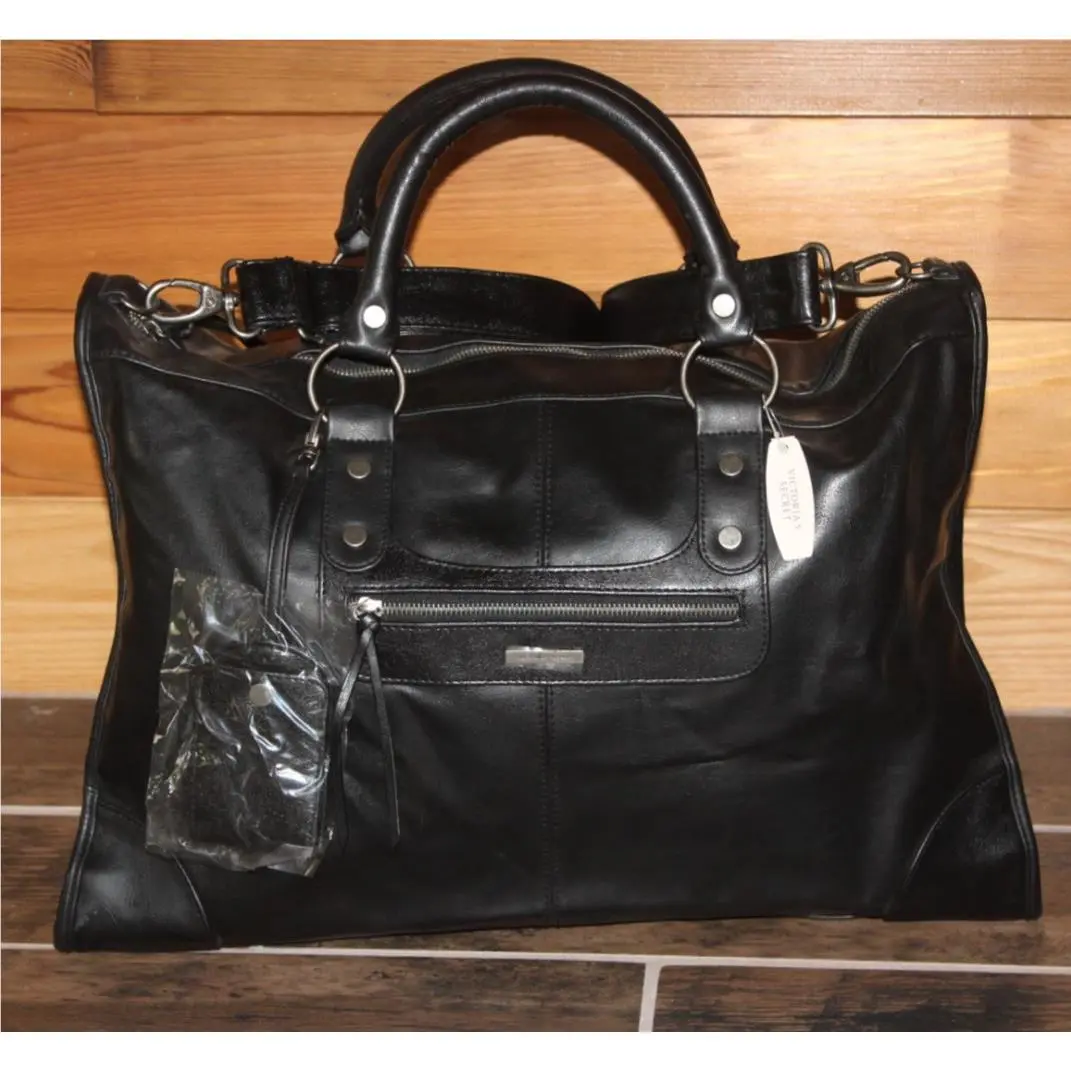 Victoria`s Secret Vintage Black Leather Weekend Bag W/luggage Tag Strap