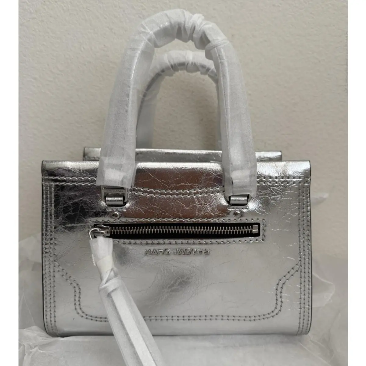 Marc Jacobs Small Crinkle Cruiser Metallic Satchel Bag Silver
