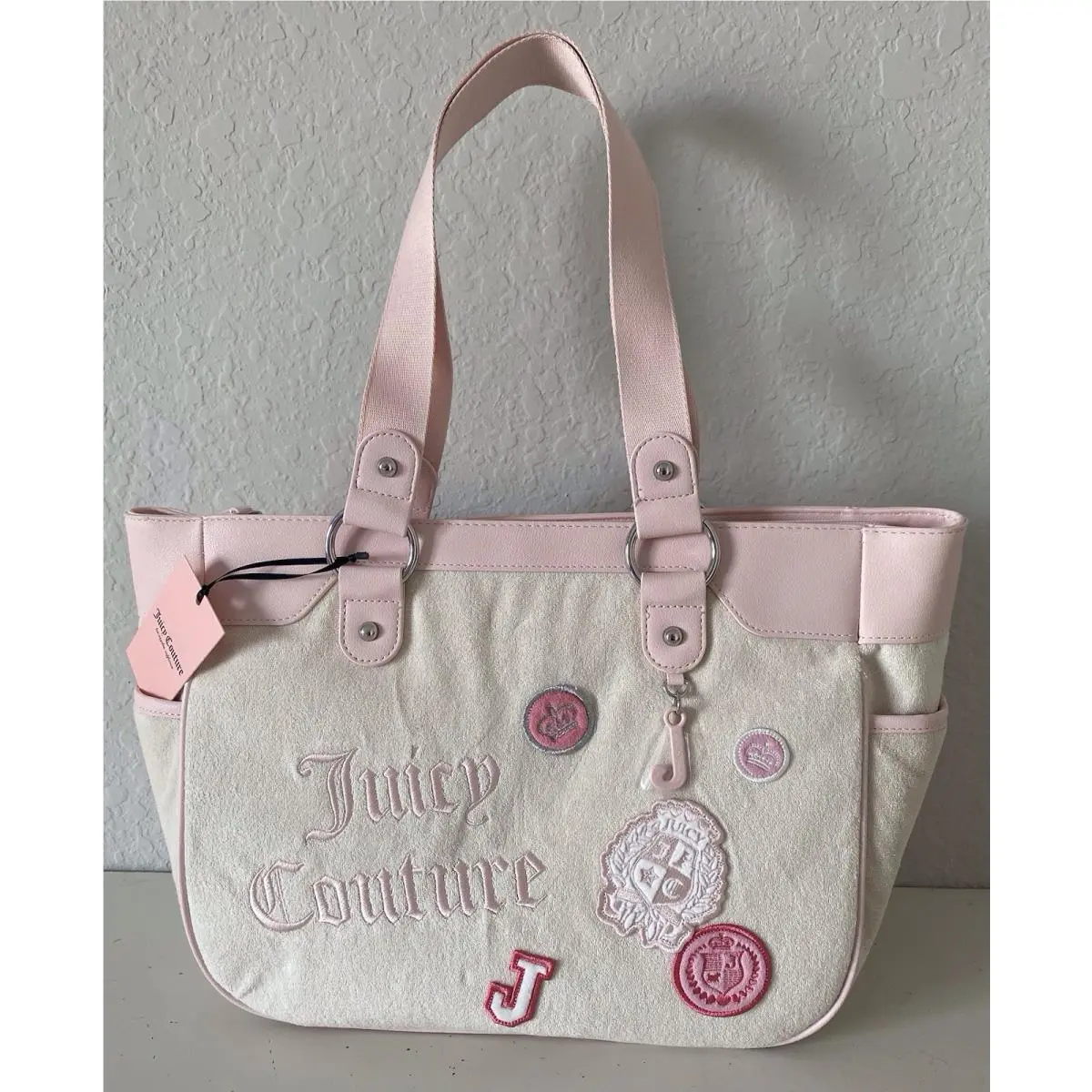 Juicy Girls Rule Large Tote Bag Pink Vanilla Crystal W/ J Charm by Juicy Couture