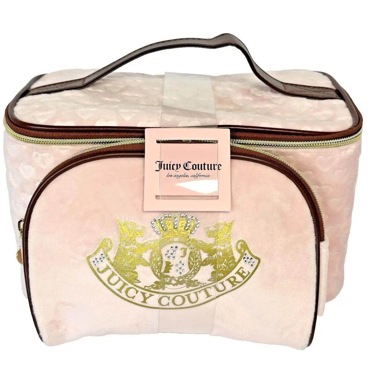 Velour Cosmetic Bag Set Pink Embossed Hearts Gold Crest by Juicy Couture