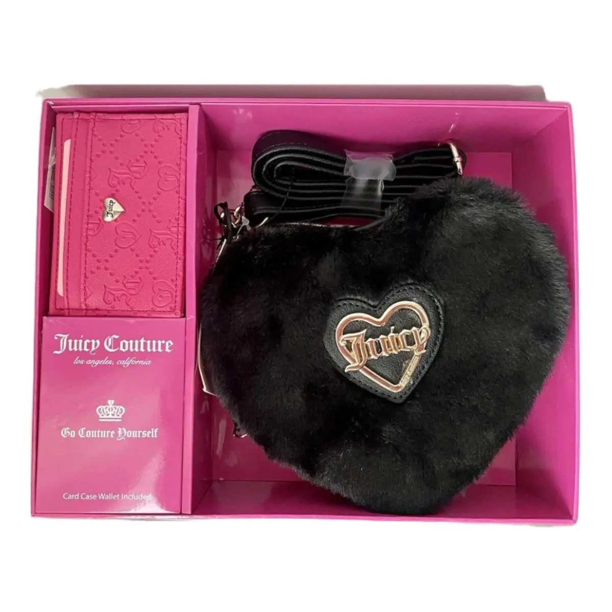 Licorice Black Fur Heart Crossbody Card Case by Juicy Couture