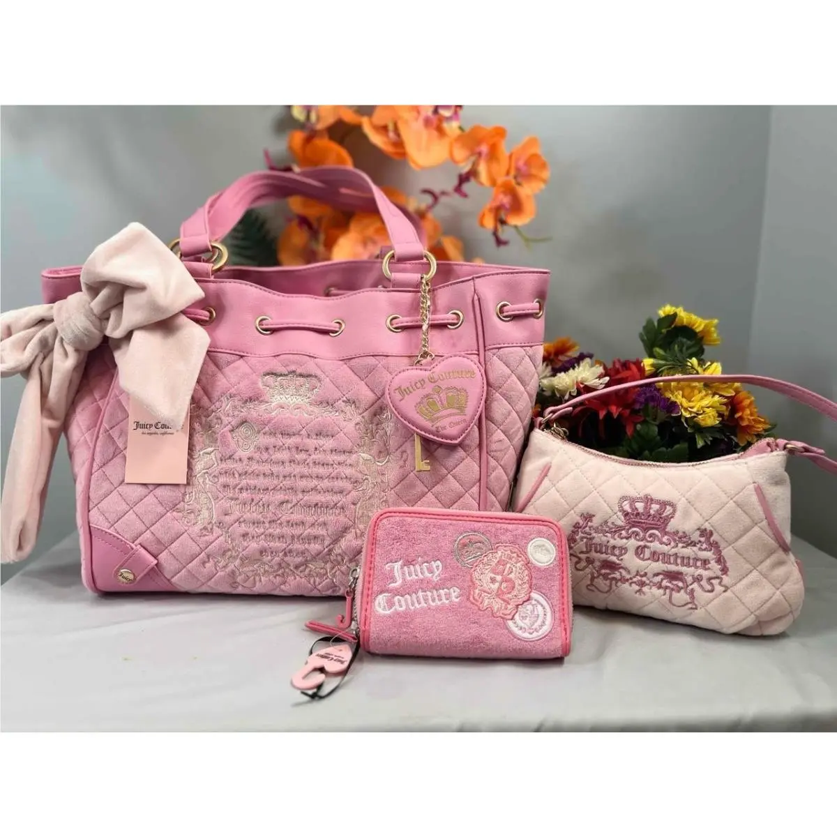 Juicy Couture Tale Quilted Velvet Daydreamer Tote Bag w. Clutch Wallet Set