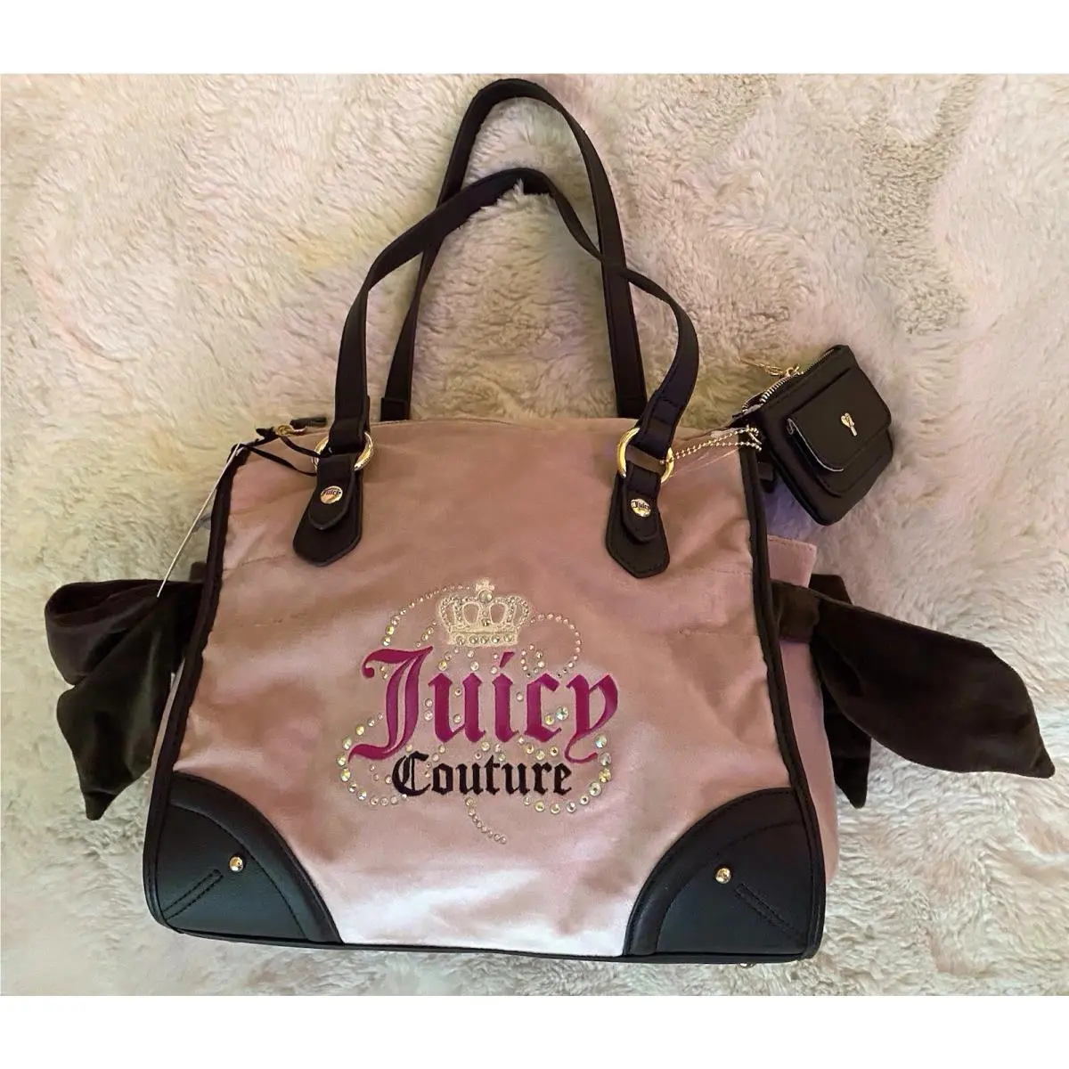 Juicy Couture Dreamy Juicy Tote Pink Dusty Blush Chocolate W/coin Purse Velour
