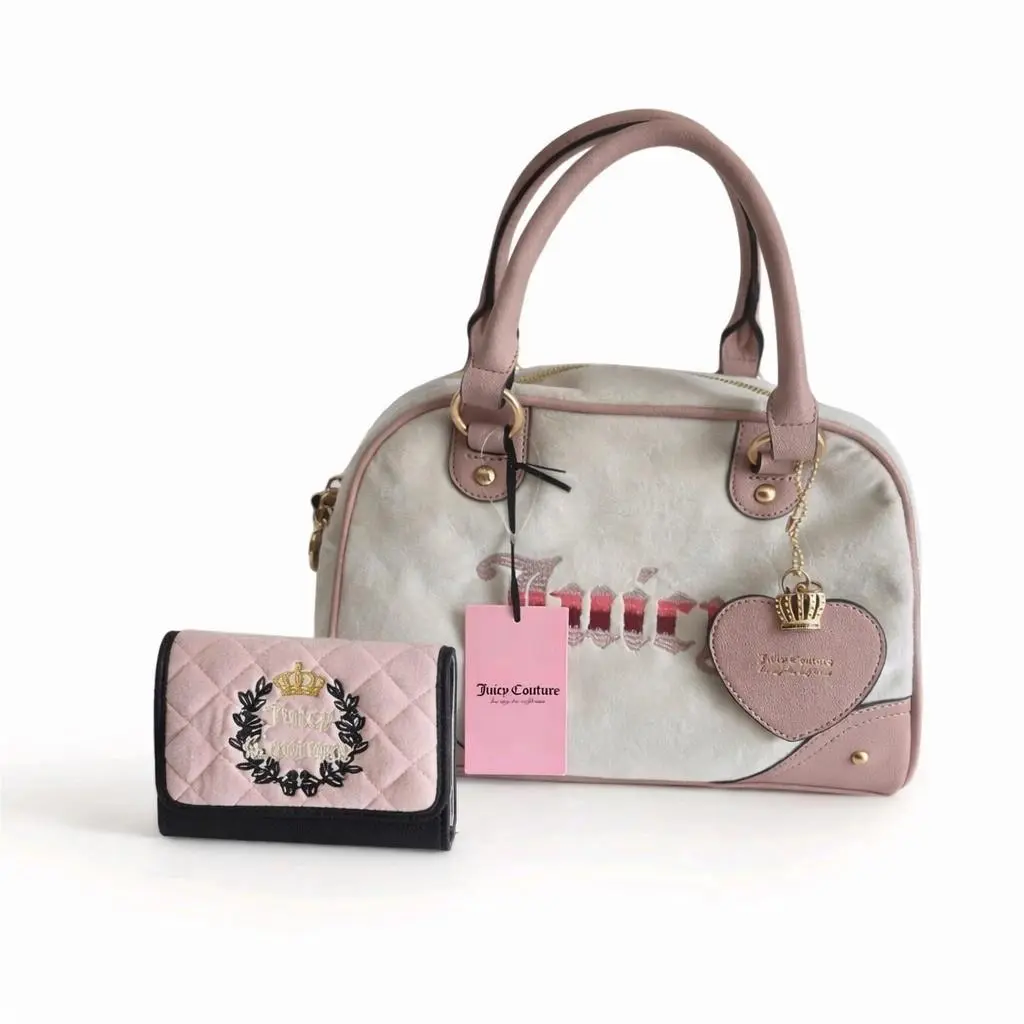 Juicy Couture Pink Cream Velour Satchel Heart Charm + Matching Wallet Set