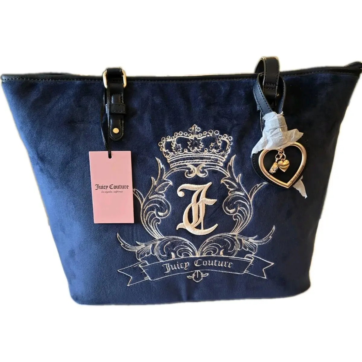 Juicy Couture Blue Velour Tote Bag Heart Charm Y2K Crown Crest Large Purse