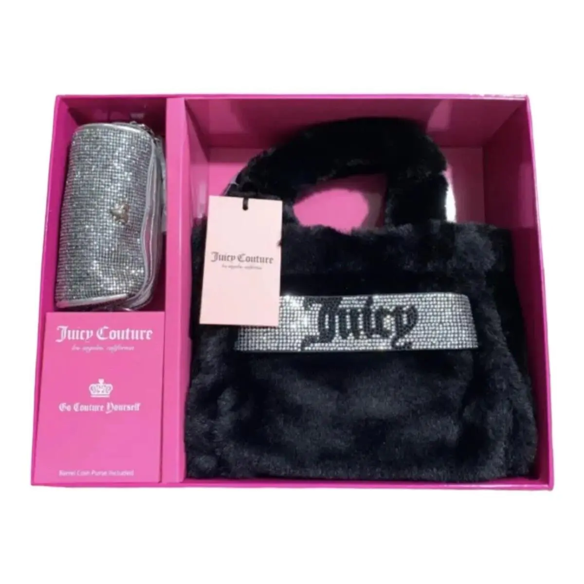 Juicy Couture Liquorice Black Mini Tote Barrel Coin Purse Gift Set Fluffy - Black, Handle/Strap: Black, Hardware: Rhinestone