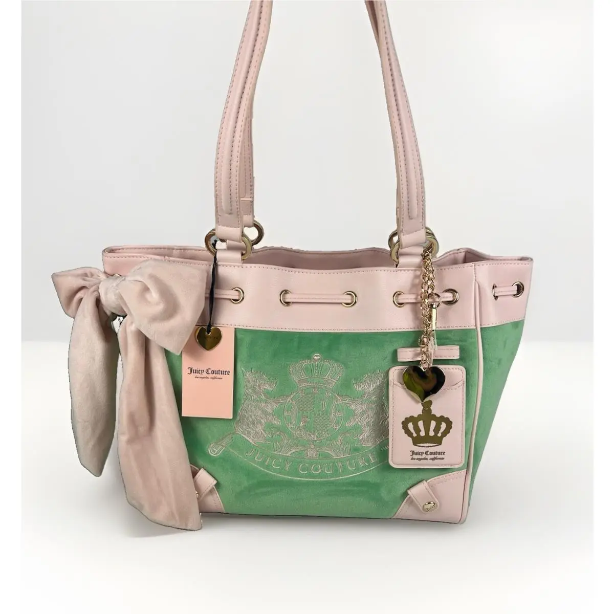 Juicy Couture Daydreamer Tote Green Pink Scotty Velour Bow Heart Charm