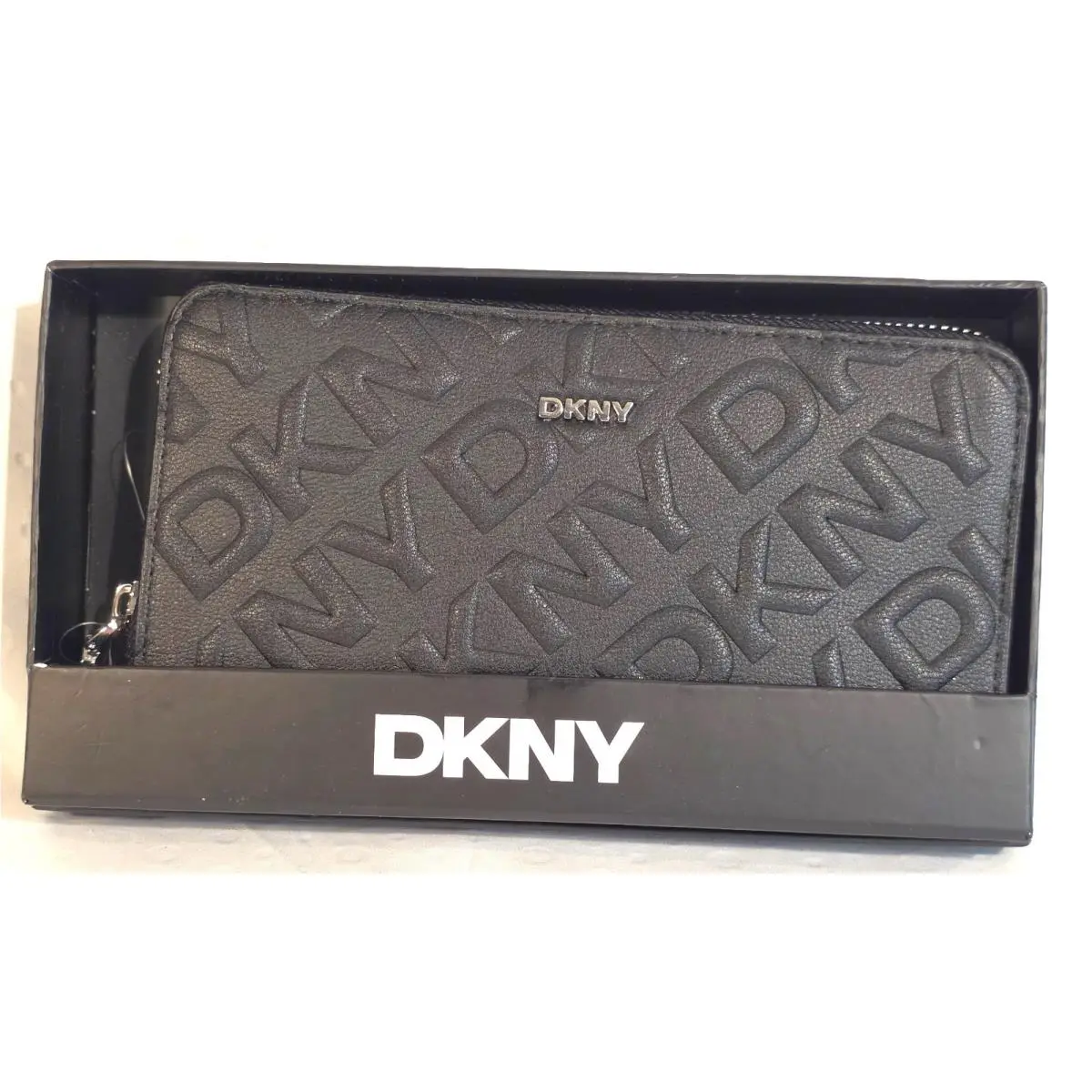 Dkny Ashlyn Large Zip-around Wallet Black Logo Embossed Gift Boxed
