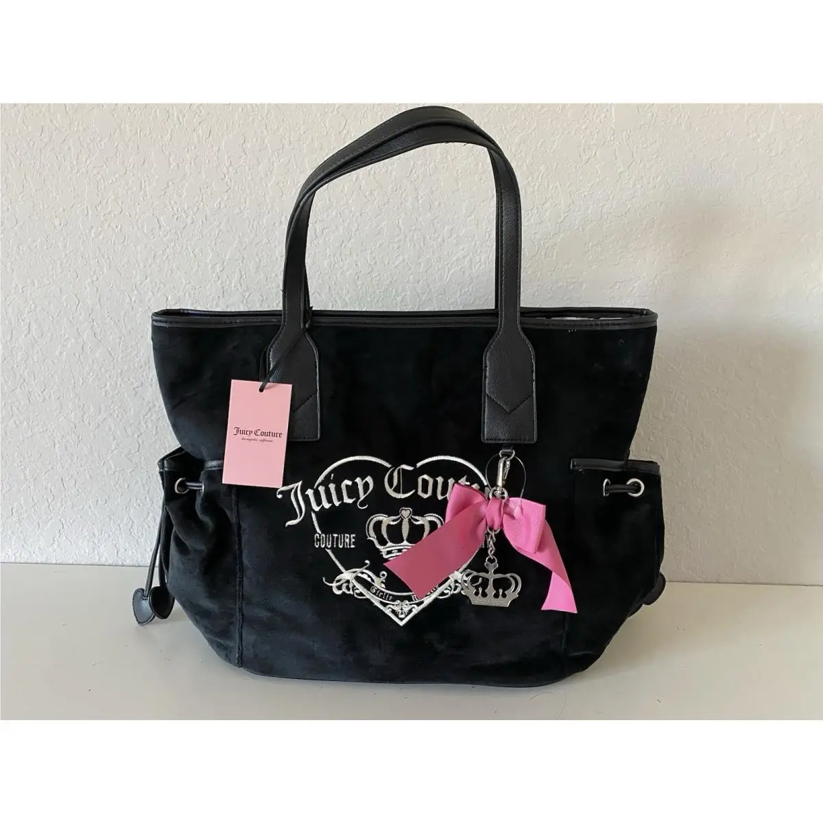 Juicy Couture Girlie Royalty Tote Liquorice Black Velour W/charm Bow Viral