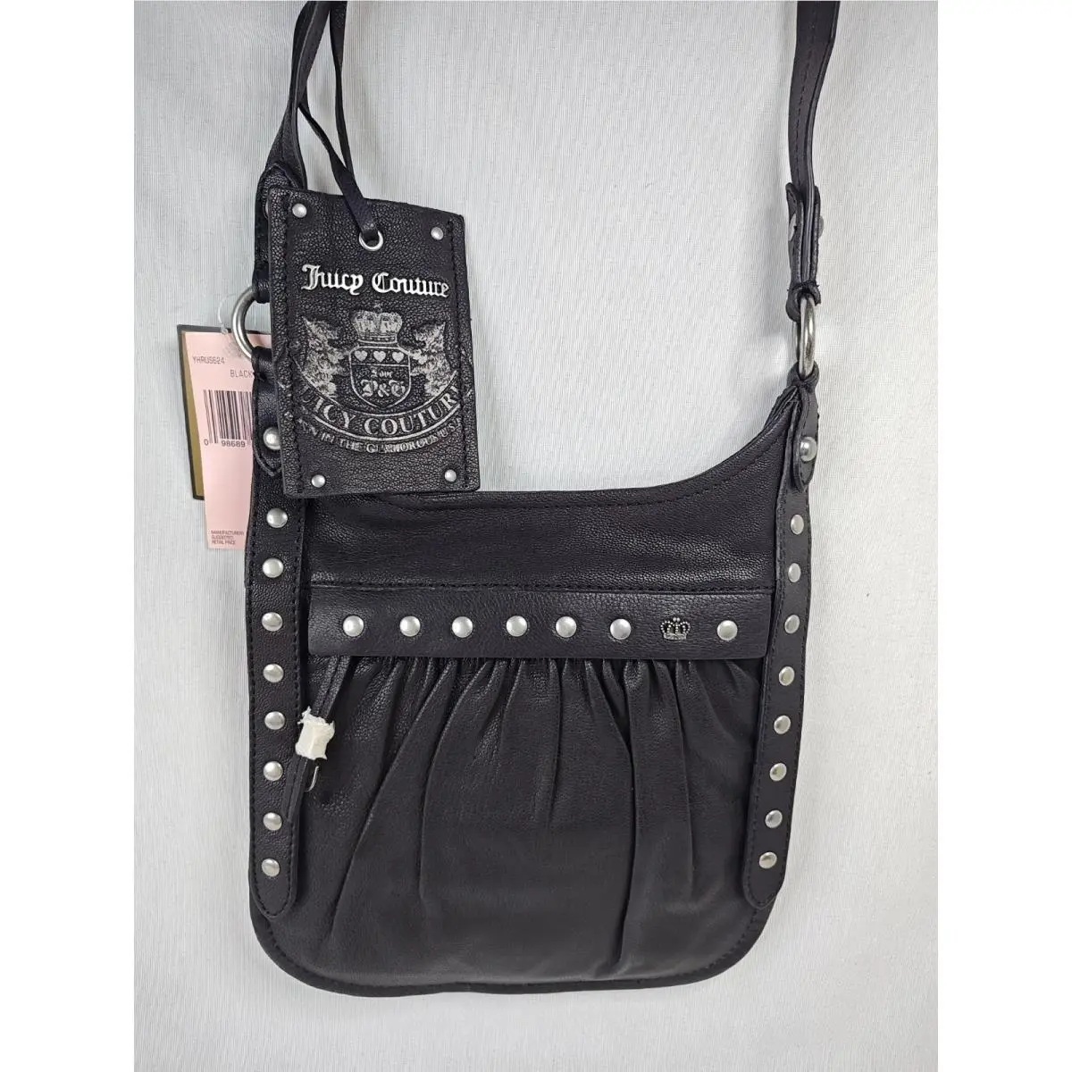 Juicy Couture Black Studded Ruched Leather Crossbody Bag YHRUS624 2010s