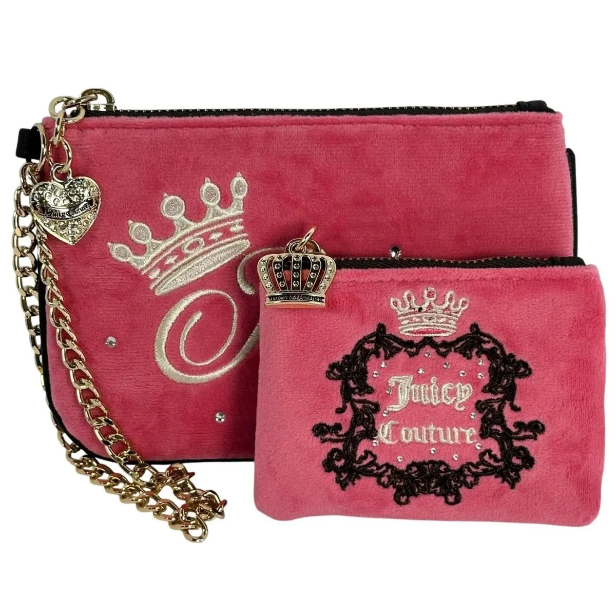 Juicy Couture Pink Velour Pouch Set Wristlet Coin Purse Rhinestone Crown Logo