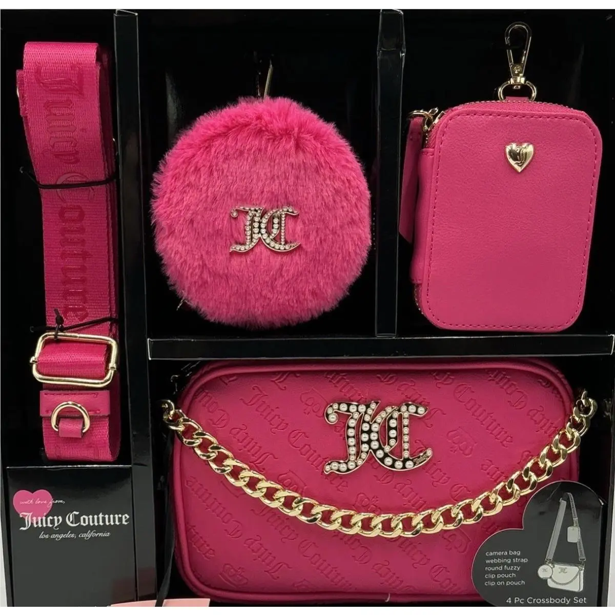 Juicy Couture 4 Piece Crossbody Gift Set Pink Bag Wallet Coin Purse Strap