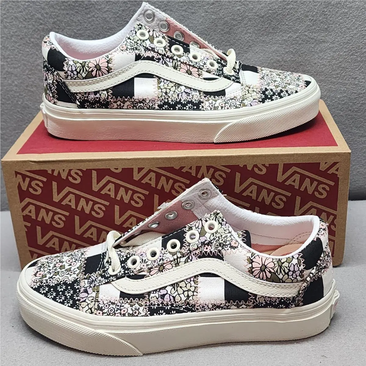 Vans Old Skool Floral Patchwork Checkerboard Sneakers W 5 M 3.5 Black Pink