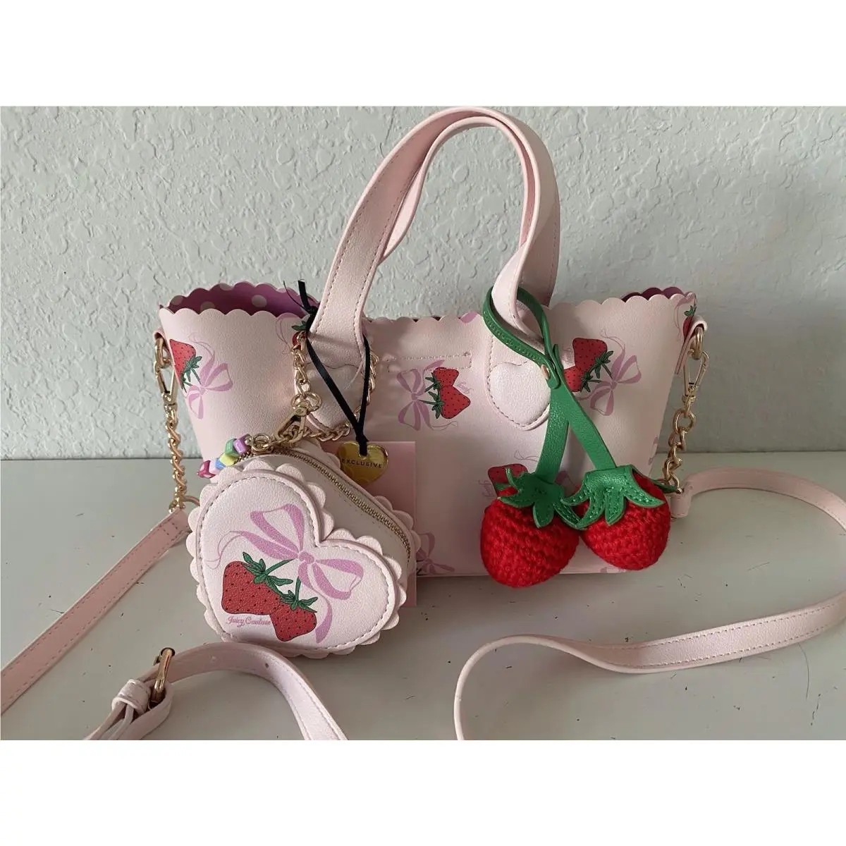Sweet Strawberry Mini Tote W/ Coin Pouch Crocheted Cherry Charms by Juicy Couture