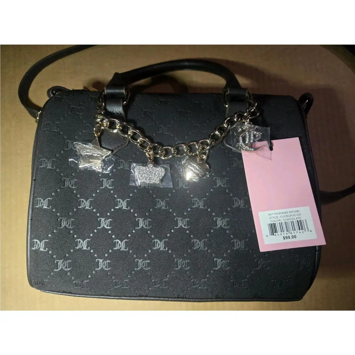 Juicy Couture Charm Satchel Zip Top w/ Crossbody Strap Purse Chocolate Color Bag
