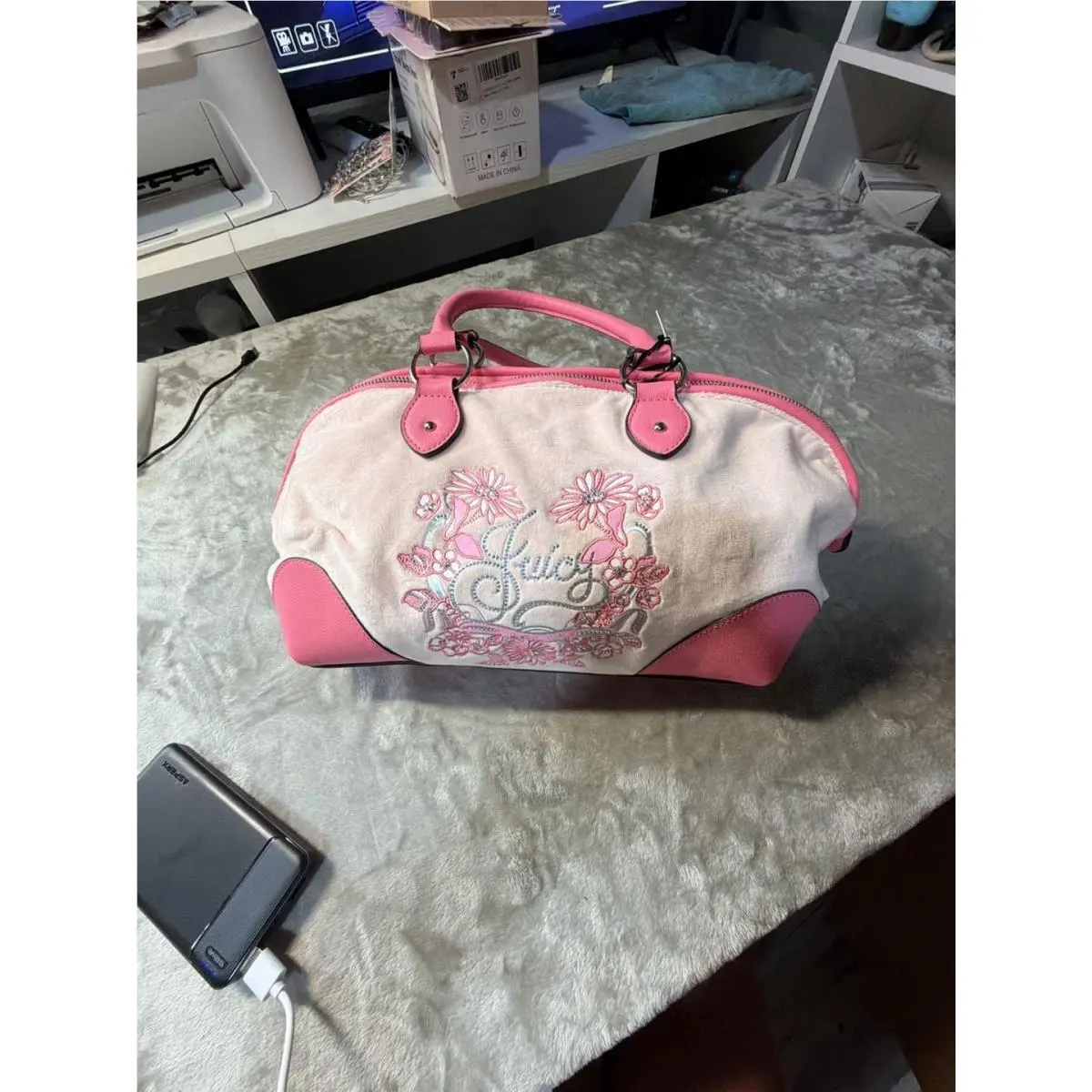 Pink Velour Floral Embroidered Satchel Bag with Crystal Heart Char by Juicy Couture