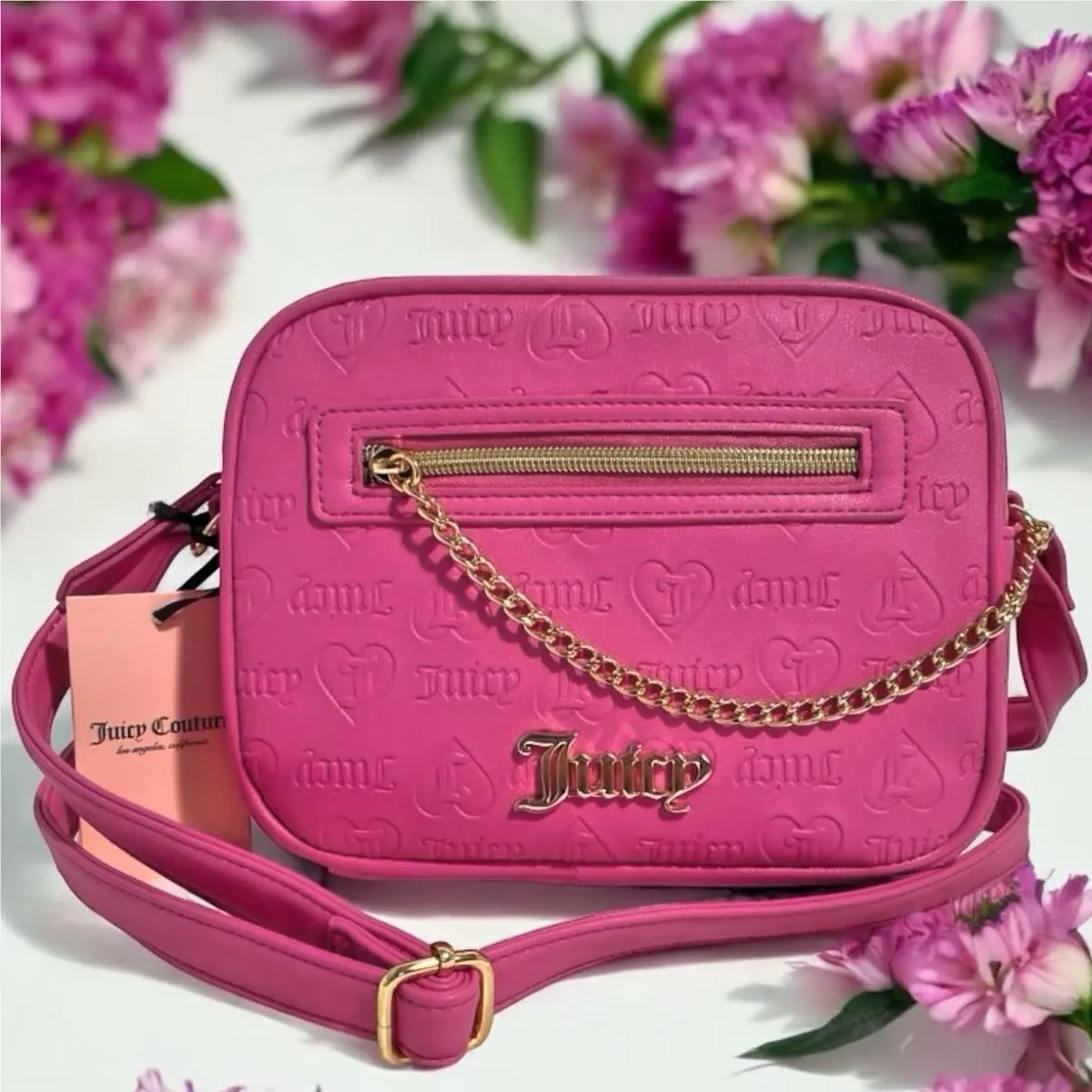 Juicy Couture Bestseller Chain Up Camera Crossbody Pink Purse Emboss Bag