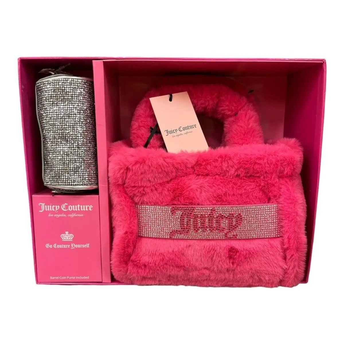 Juicy Couture Free Love Pink Fur Mini Tote and Barrel Coin Purse Gift Set - Pink, Handle/Strap: Pink, Hardware: Silver