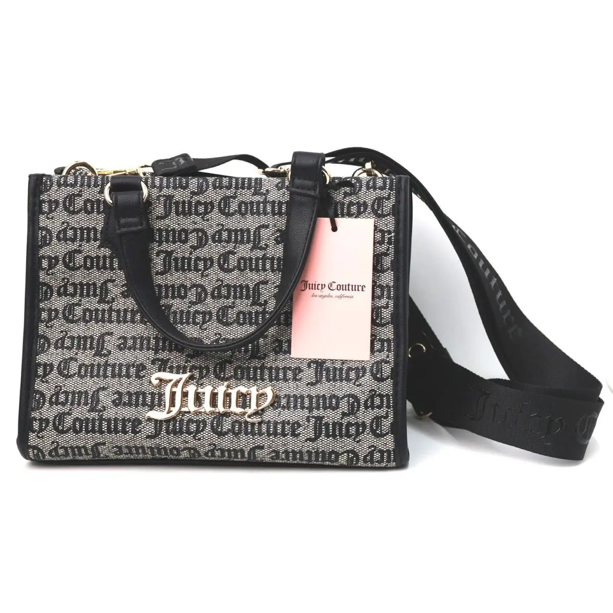 Juicy Couture Black and Gray Logo Jacquard Tote Bag with Gold Hardware