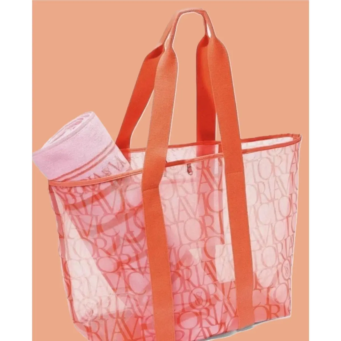 Victoria’s Secret Orange Logo Mesh Summer Beach Towel Tote Weekender Bag Set
