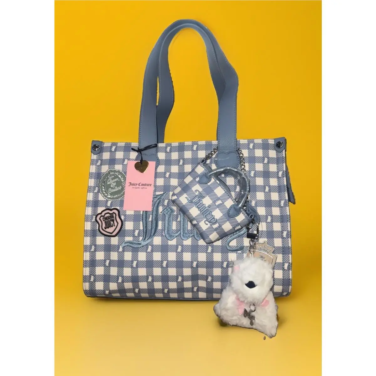 Juicy Couture Exclusive Study In Style Scottie Plaid Large Tote Dusty Blue