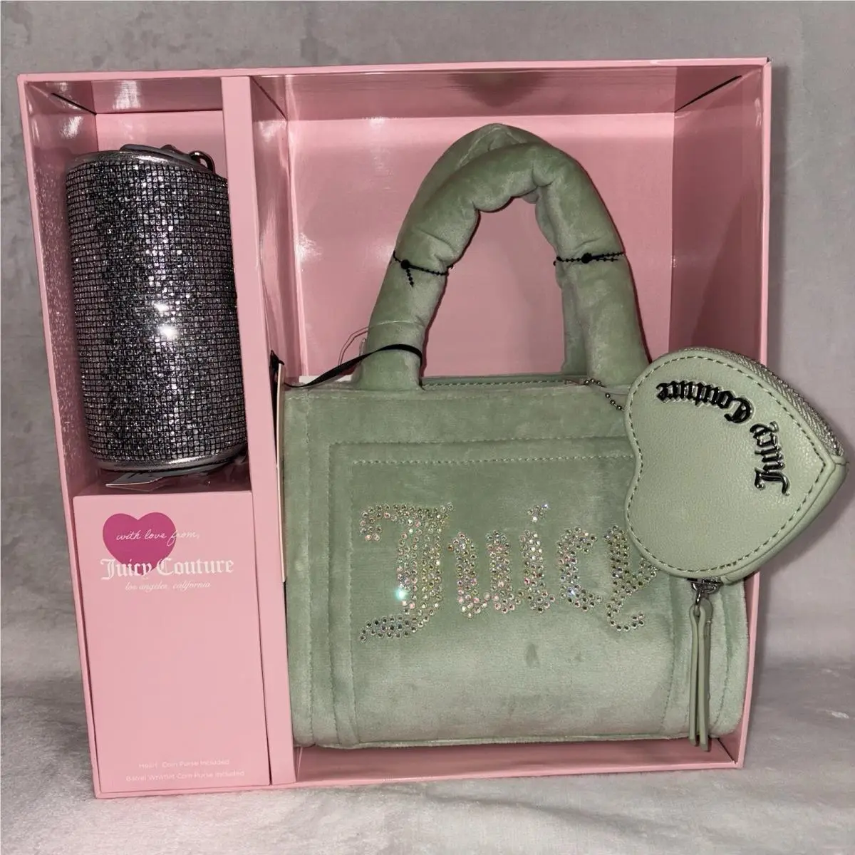 Big Spender 3 Piece Gift Box Set Sage Green Velour Rare by Juicy Couture