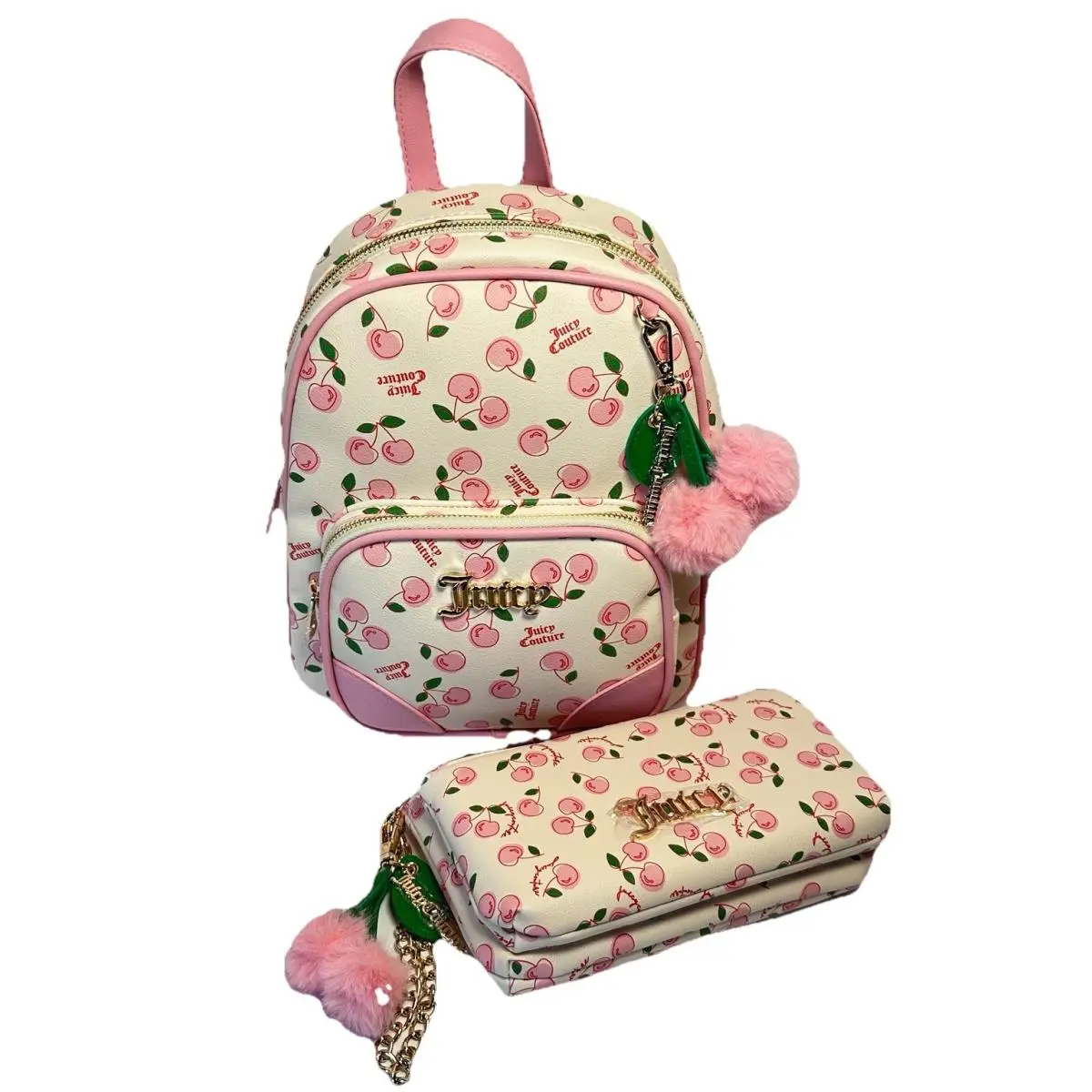 Juicy Couture Cherry Print Mini Backpack Wallet Set Pom Pom Charm Pink