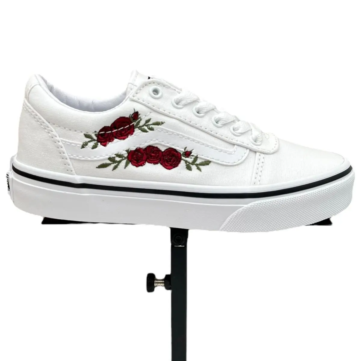 Vans Youth Girl`s Canvas Casual Shoes Size 1Y White-red Rose Embroidery Lace up