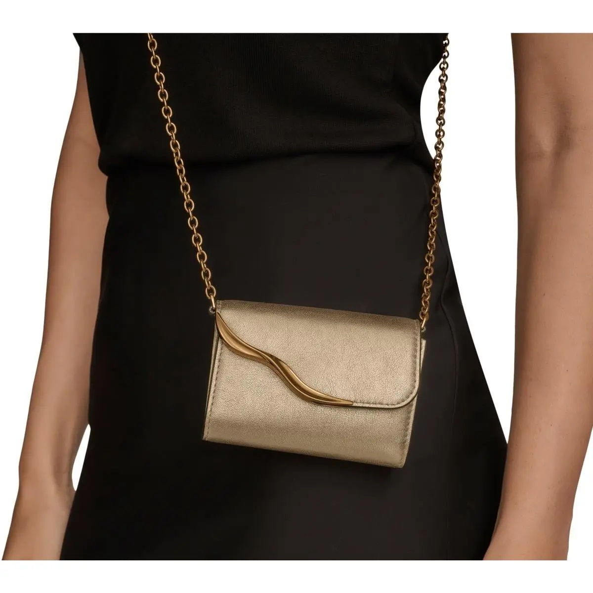 Donna Karan New York Women Malverne Metallic String Cross Body Wallet Black Gold