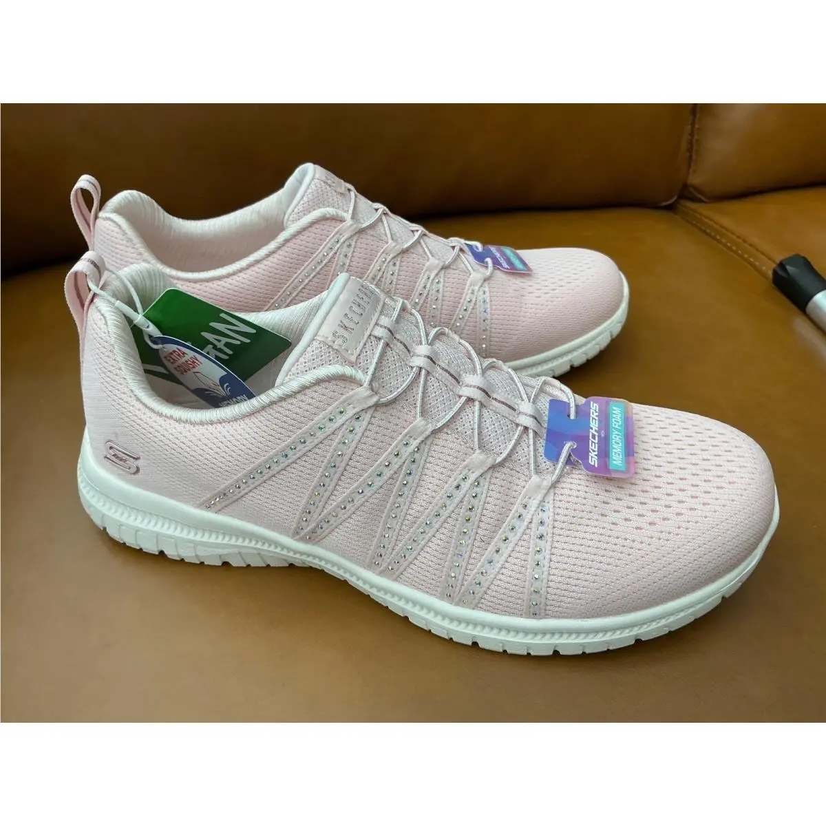 Skechers Bobs Sport Squad 2 Womens 6.5 Blush Pink Rhinestone Vegan Sneakers