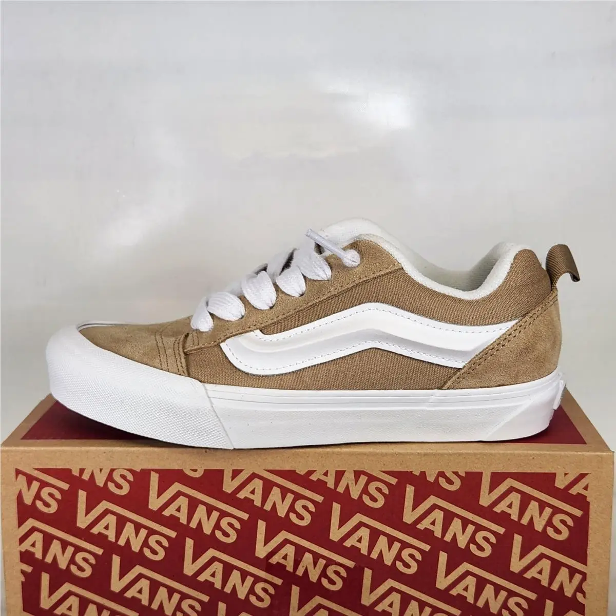 Vans Knu Skool Khaki Suede White Leather Women Skate Shoes Thick Tongue Size 5.5
