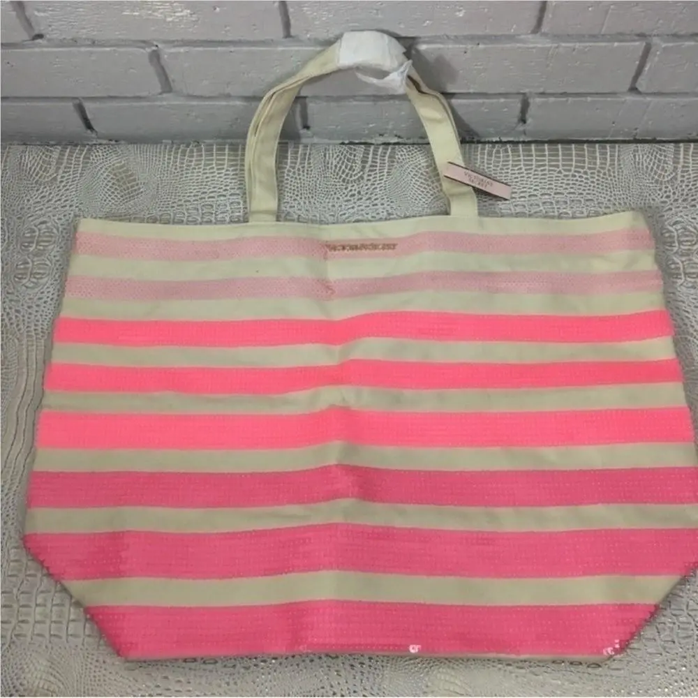 Victoria`s Secret Pink Striped Canvas Sequin Tote Bag Glam Gift Statement by Victoria's Secret
