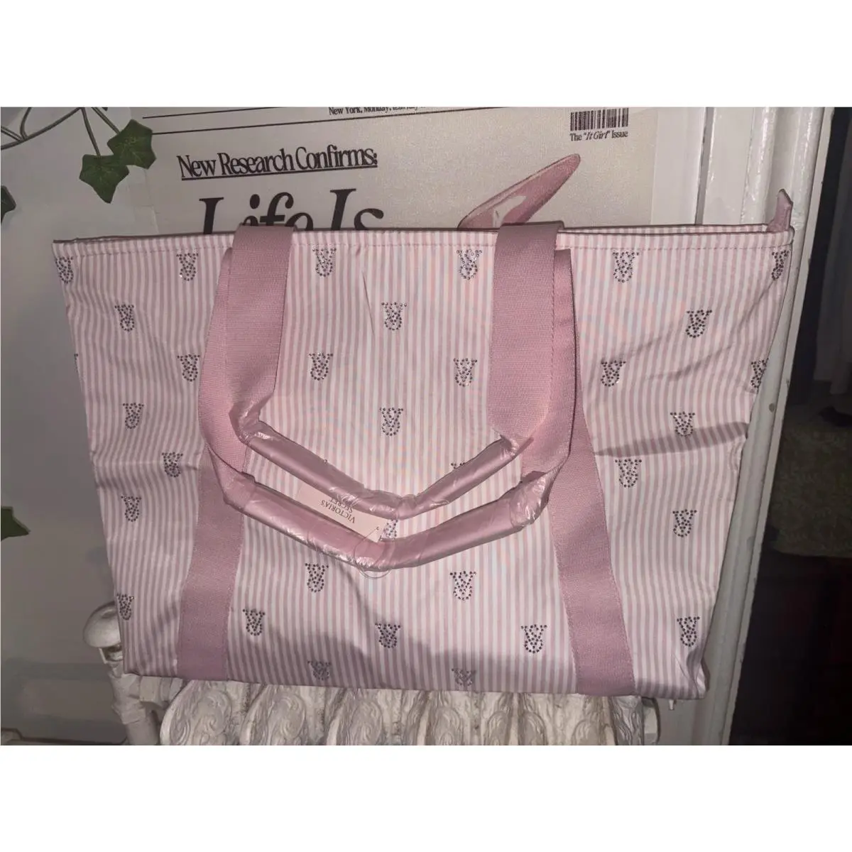 Victoria`s Secret Pink White Striped Tote Bag Rhinestone Accent Women by Victoria's Secret