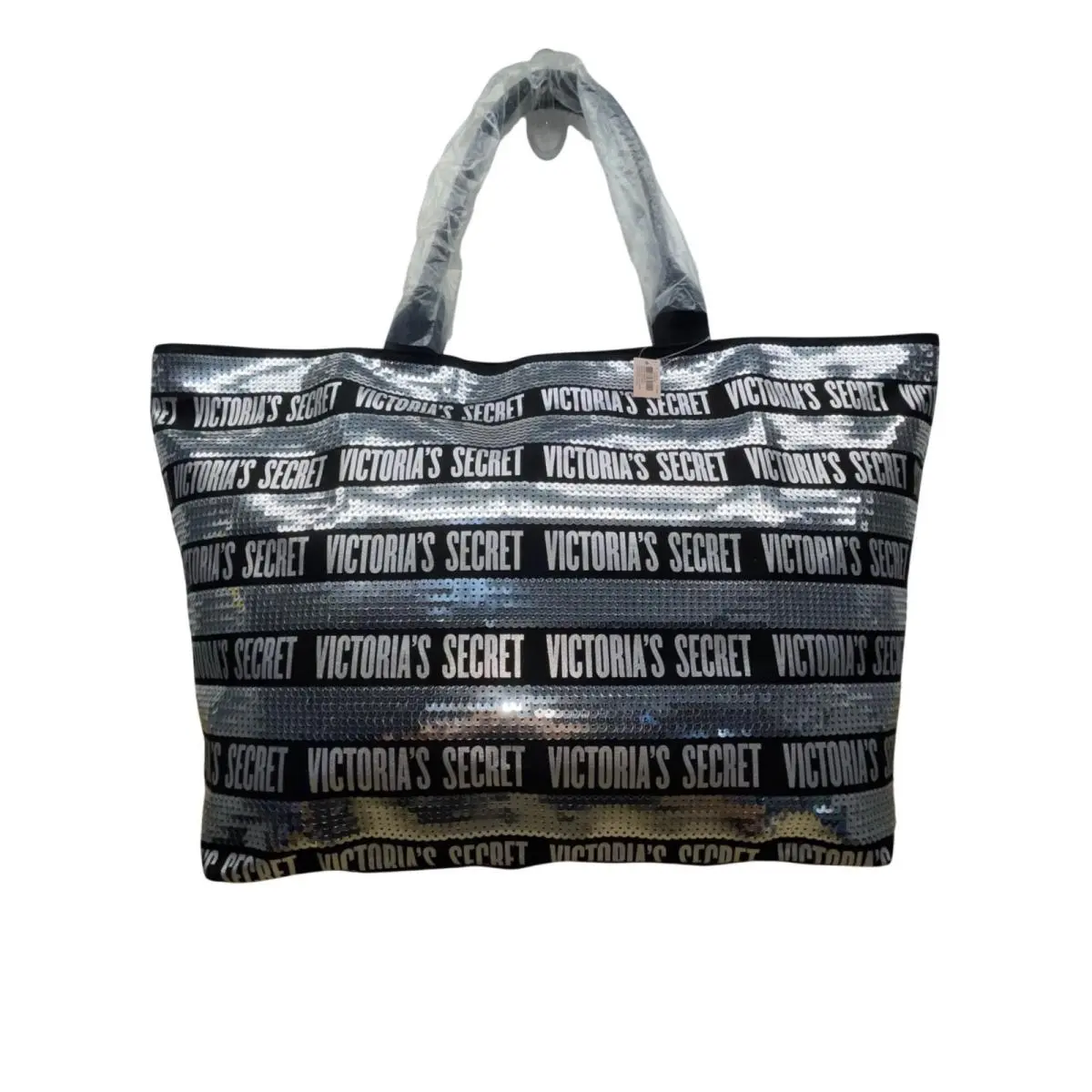 Victorias Secret Women’s Black Whit Silver Sequin Logo Tote Bag Pouch Set