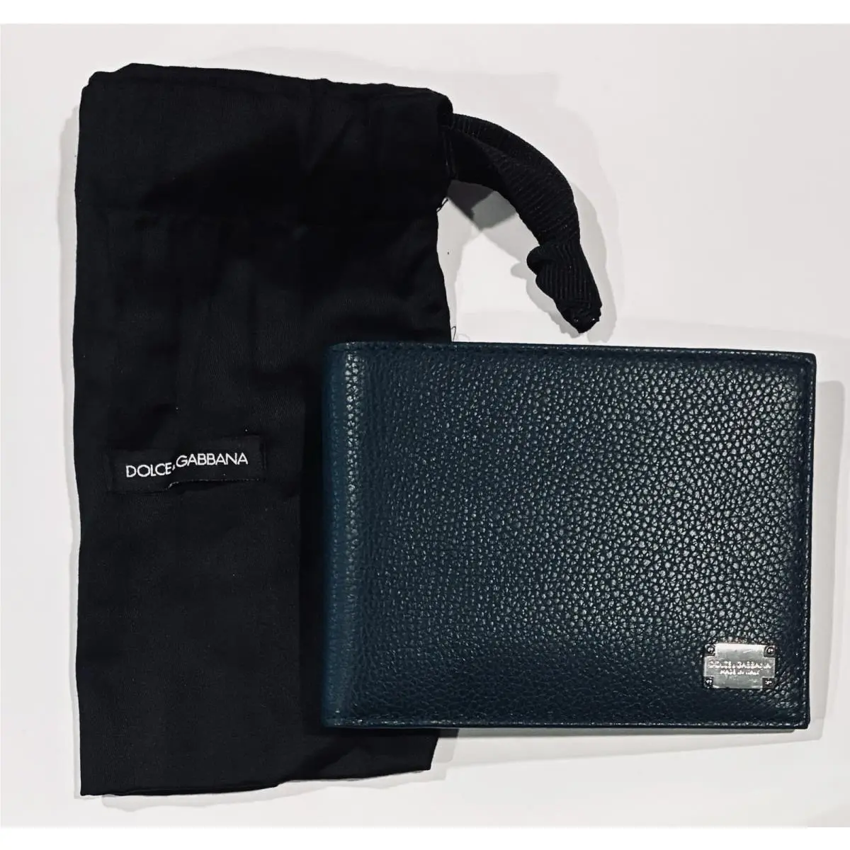 Dolce Gabbana Navy Leather Silver Logo Plate Dust Bag Bifold Wallet