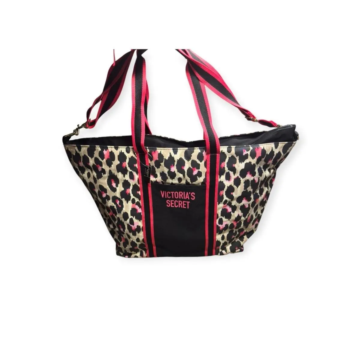 Victoria`s Secret Pink Leopard Tote Zip Top Animal Print Canvas Weekender - Handle/Strap: Pink, Hardware: Pink, Exterior: Pink