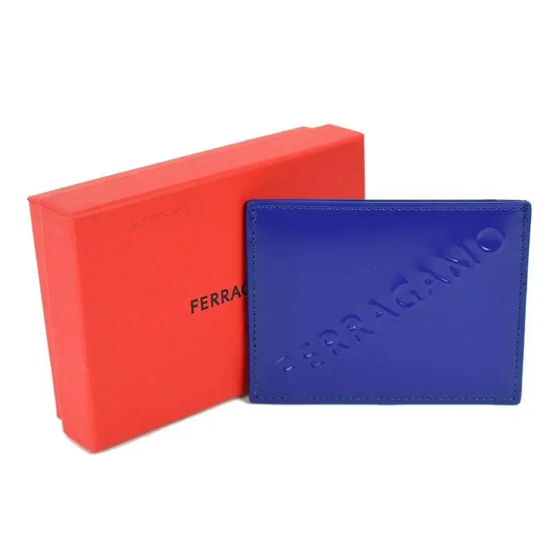 Salvatore Ferragamo Lapis Blue Embossed Leather Credit Card Case Italy