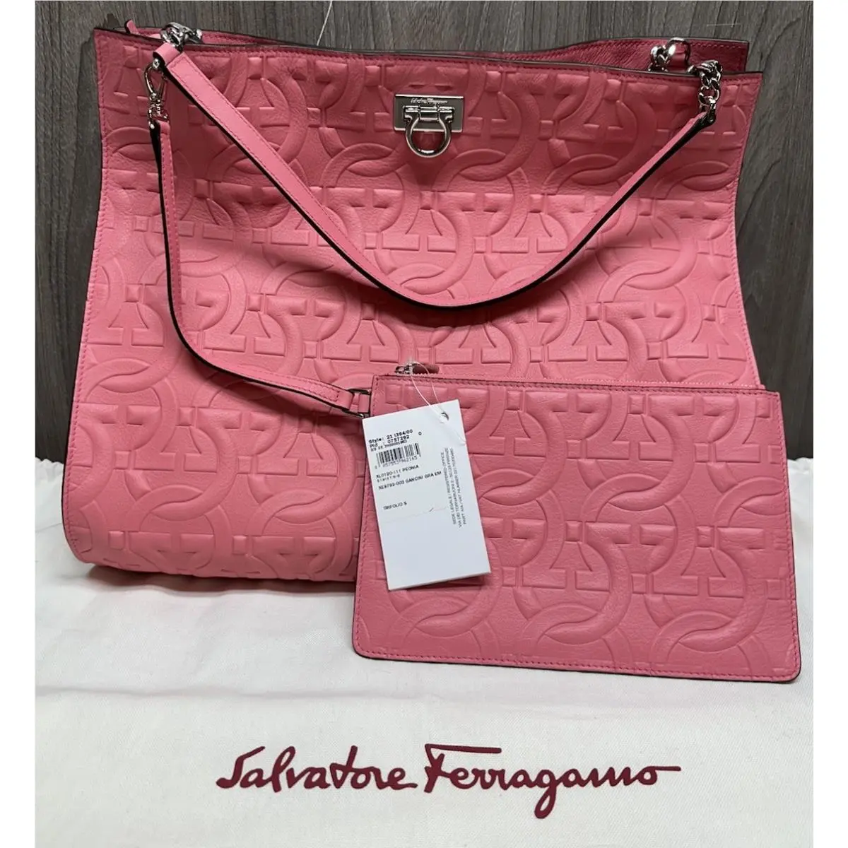Salvatore Ferragamo Gancini Embossed Calfskin Leather Trifolio Tote Bag Peonia