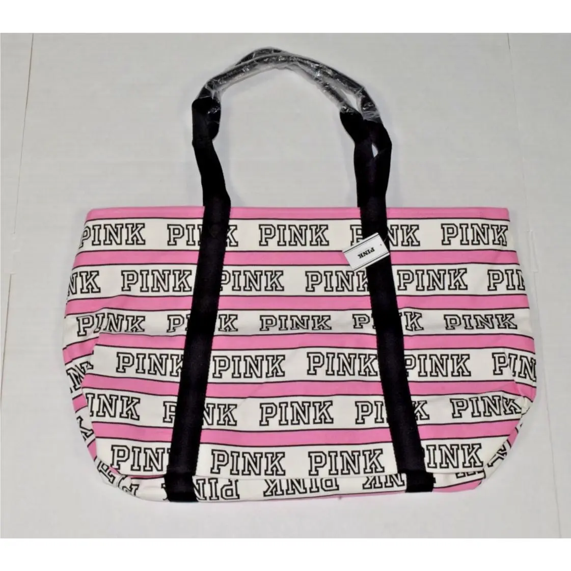 Victoria`s Secret Pink Logo Canvas Tote Bag Zip Close Pink White 13 X 20 Inch